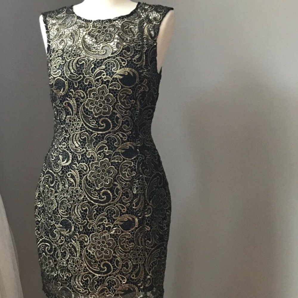 Lipsy of London black gold brocade lace dress US 8